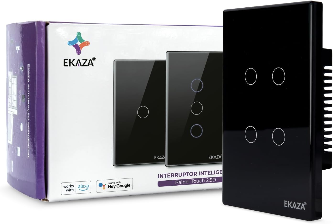 EKAZA Interruptor Inteligente Wi-Fi, Touch, borda 2.5 D, 4 Botões, Preto, Compativel com Google home e Alexa -EKAT-T307-4P