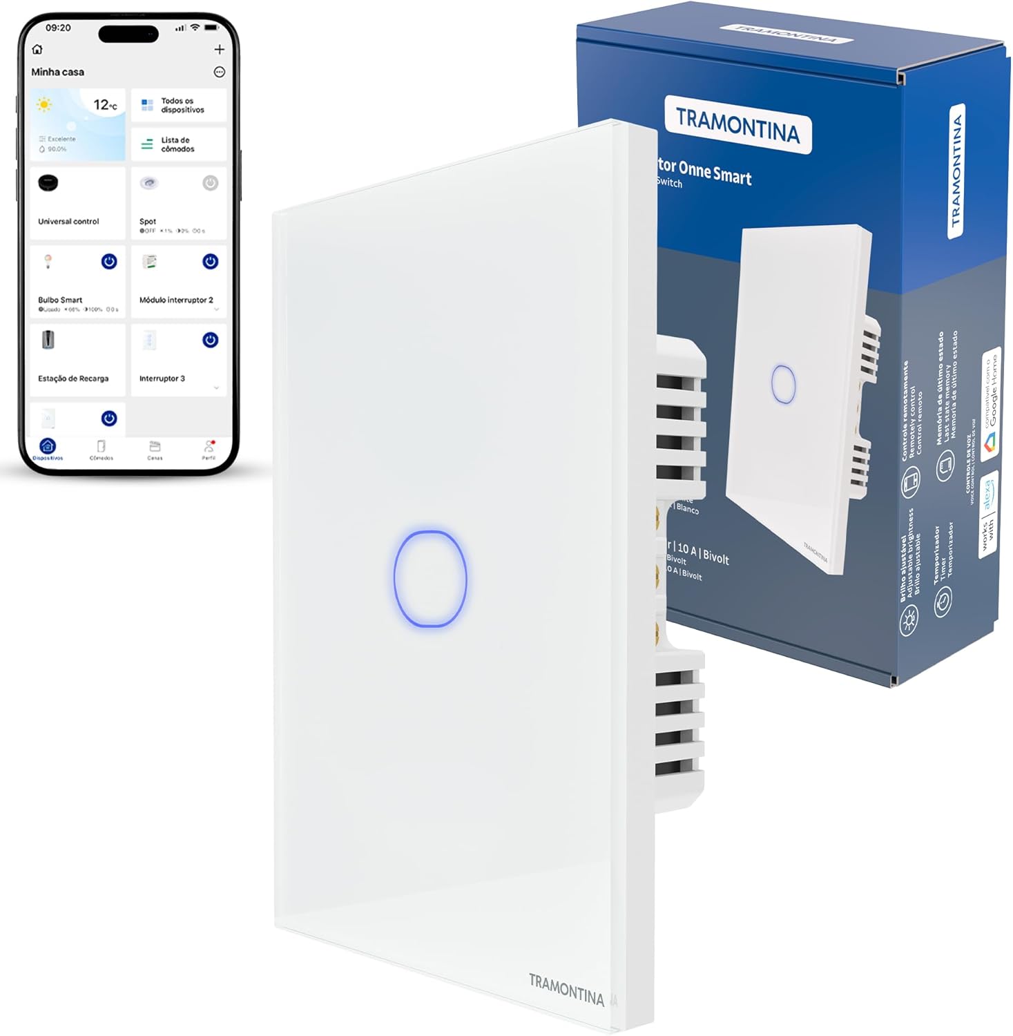 Tramontina Interruptor Inteligente Touch Smart Wi-Fi Branco com 1 Tecla Compatível com Alexa - Onne