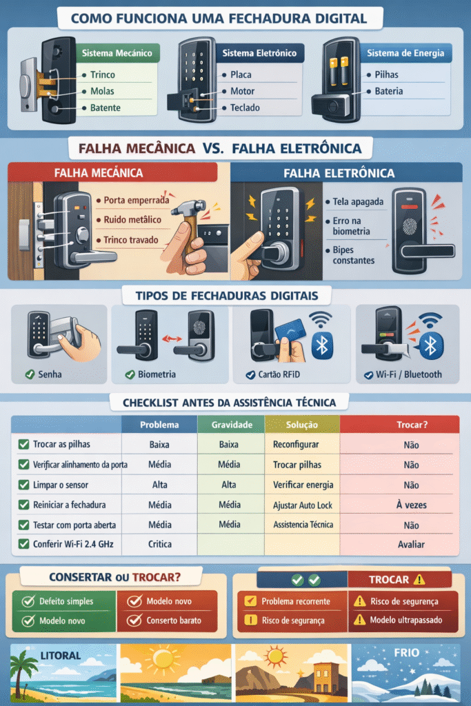 Infográfico mostrando os principais problemas com fechaduras digitais e suas soluções