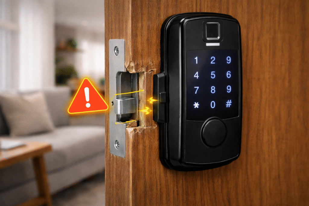 porta desalinhada causando problema em fechadura digital
