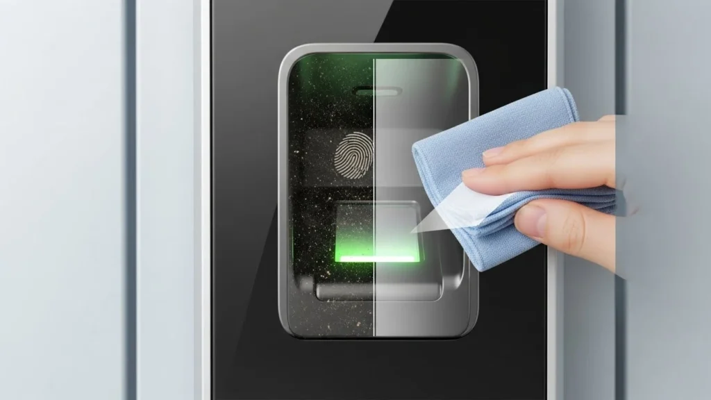 Sensor biométrico de fechadura digital sujo causando falha de leitura
