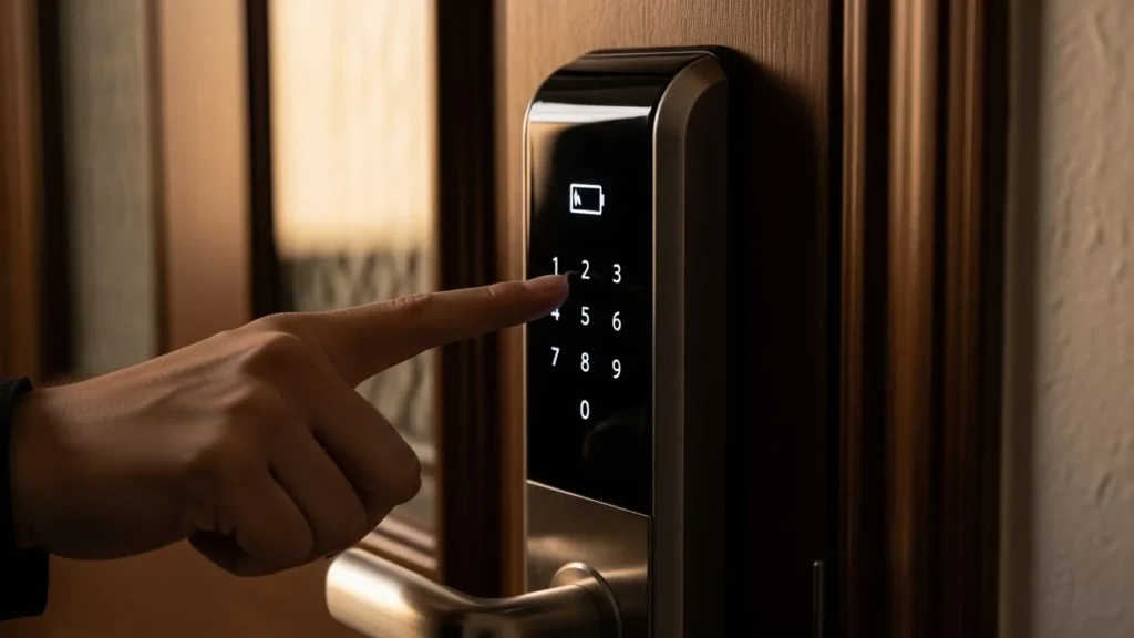 Fechadura digital exibindo aviso de bateria fraca no visor