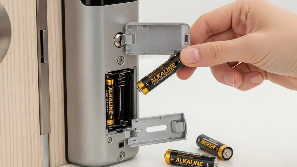 Troca de pilhas alcalinas em fechadura digital residencial