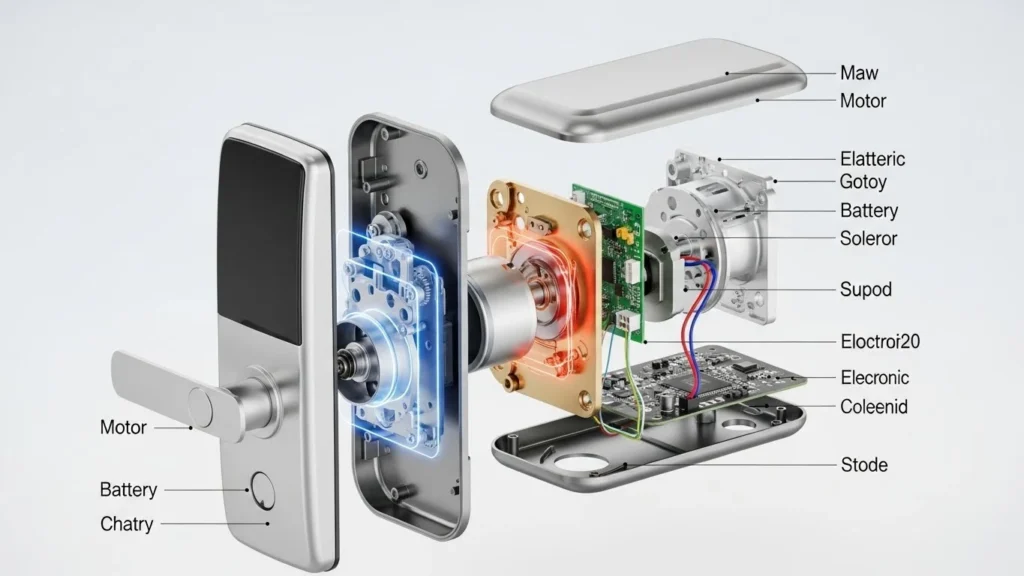 Componentes internos de uma fechadura digital mostrando motor e circuito eletrônico
