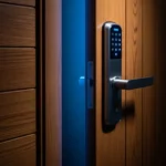 Fechadura digital abrindo sozinha em porta residencial