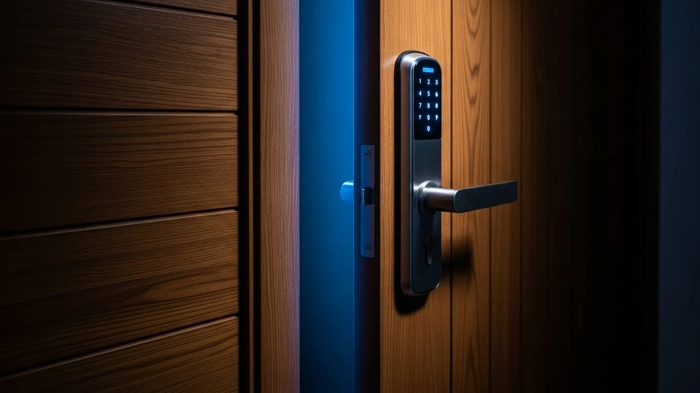 Fechadura digital abrindo sozinha em porta residencial