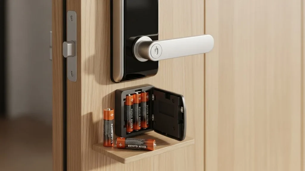Fechadura digital instalada em porta de madeira com compartimento de pilhas aberto