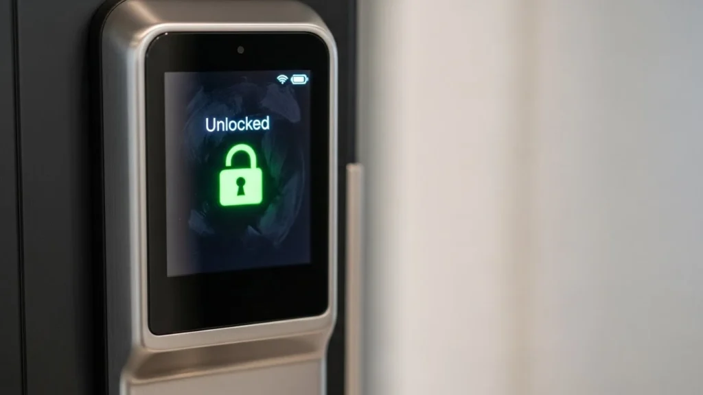 Fechadura digital destrancada sozinha com aviso de porta aberta
