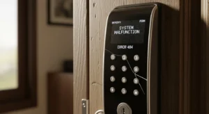fechadura digital com erro no motor instalada em porta residencial