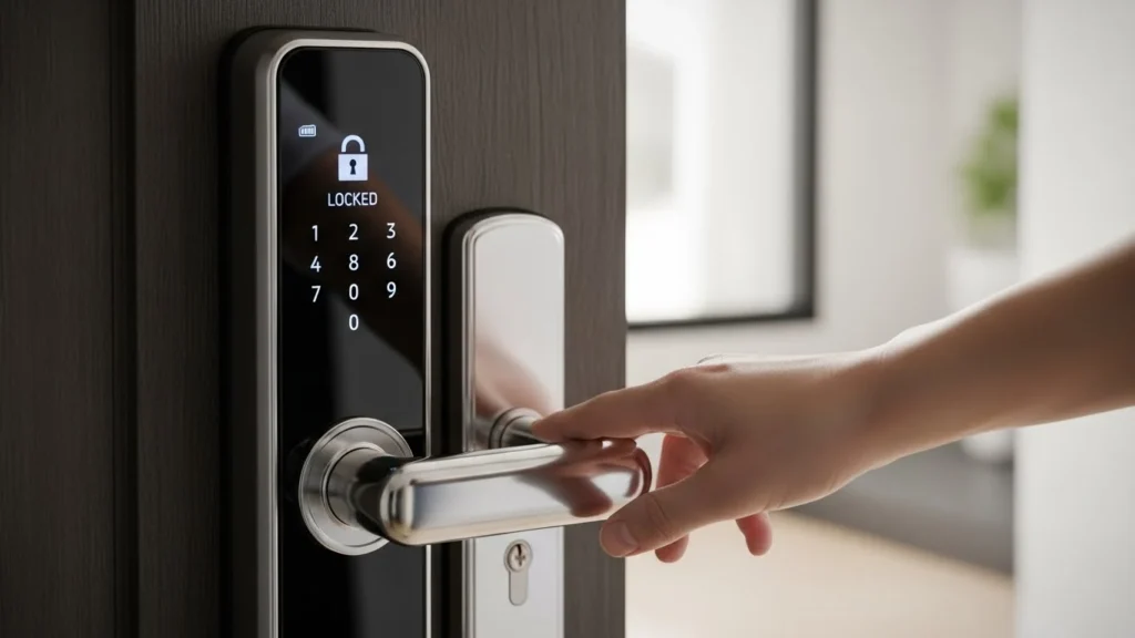 Fechadura digital travada por fora impedindo a abertura da porta