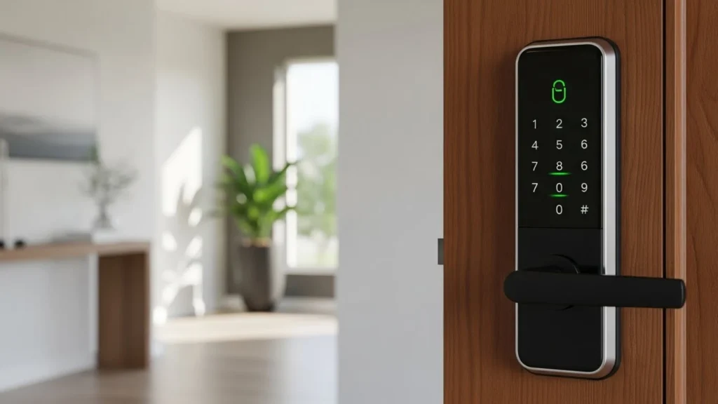 Porta bem alinhada com fechadura digital funcionando corretamente