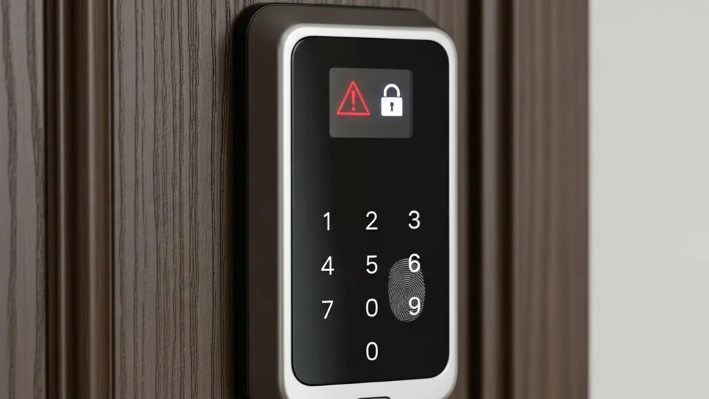 Teclado de fechadura digital bloqueado após tentativas de senha errada
