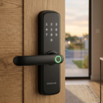 Close-up da Fechadura Inteligente Intelbras MFV 3000 com leitor biométrico na maçaneta iluminado em verde