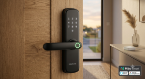 Close-up da Fechadura Inteligente Intelbras MFV 3000 com leitor biométrico na maçaneta iluminado em verde