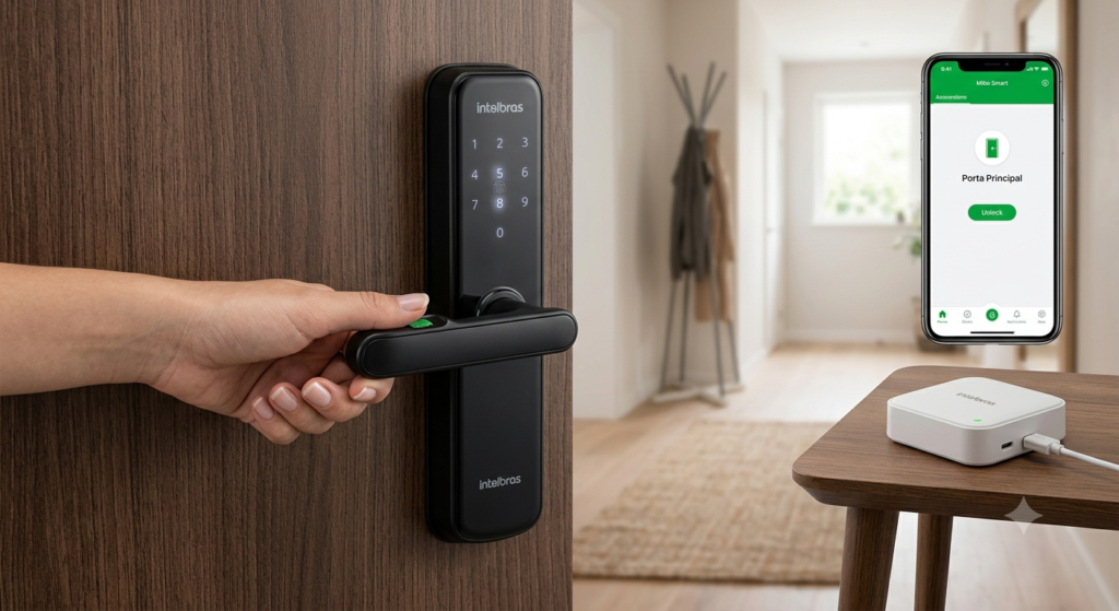 Kit Fechadura Inteligente Intelbras MFV 3000 com biometria na maçaneta, Hub MCA 1002 e aplicativo Mibo Smart.