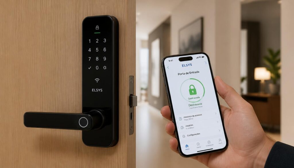Pessoa utilizando aplicativo de celular para destravar uma fechadura digital Elsys com Wi-Fi em uma porta de madeira.