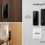 Fechadura digital de sobrepor Intelbras FD 1000 instalada em porta de madeira com teclado touch screen iluminado em ambiente residencial.