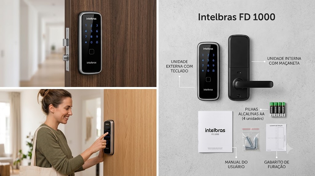 Fechadura digital de sobrepor Intelbras FD 1000 instalada em porta de madeira com teclado touch screen iluminado em ambiente residencial.