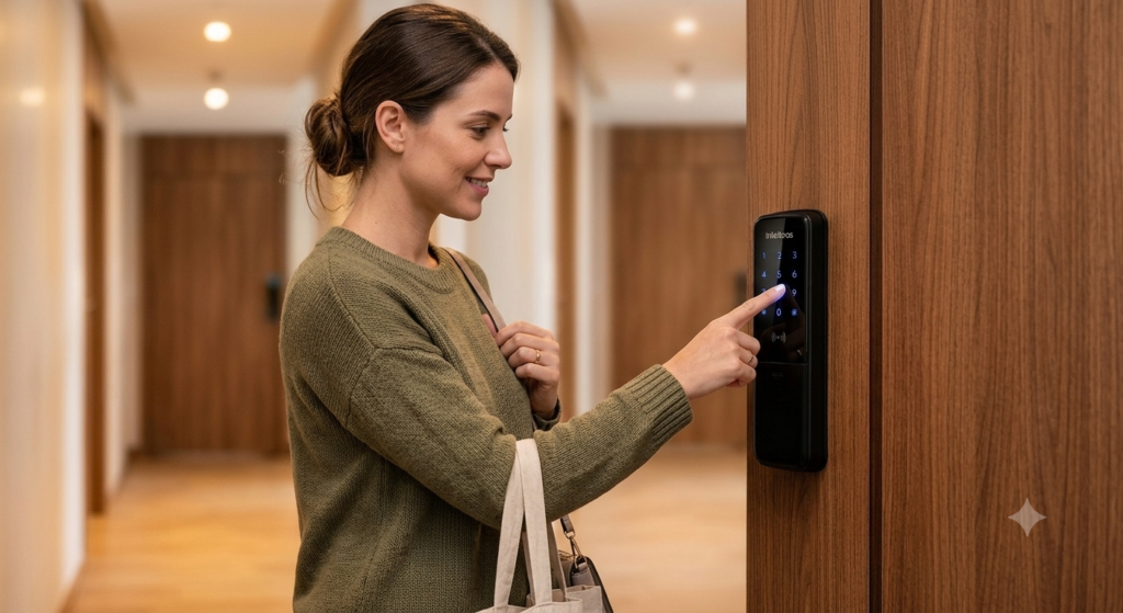 Uma mulher sorrindo enquanto digita a senha no teclado touch screen da fechadura digital Intelbras FR 201 instalada em uma porta de madeira, destacando a praticidade do dia a dia.