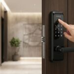 Fechadura digital Papaiz Smart instalada em uma porta de madeira"