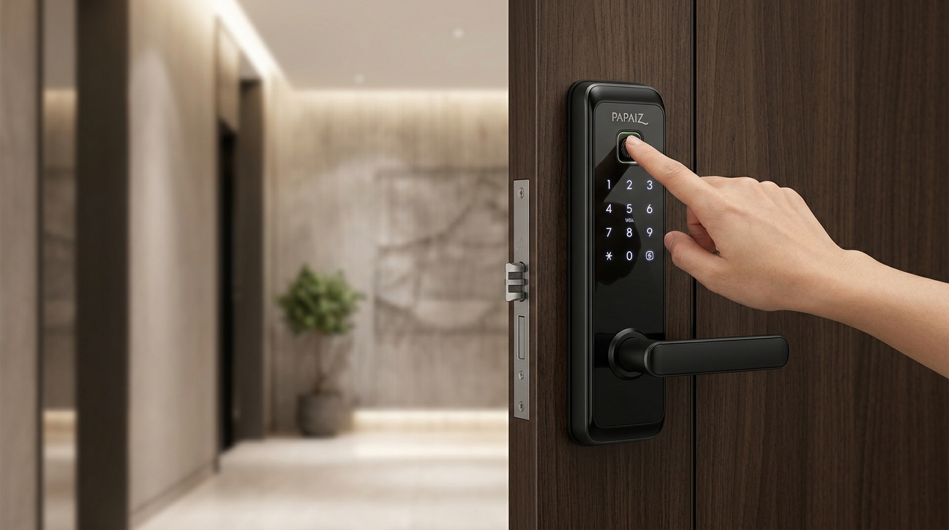 Fechadura digital Papaiz Smart instalada em uma porta de madeira"