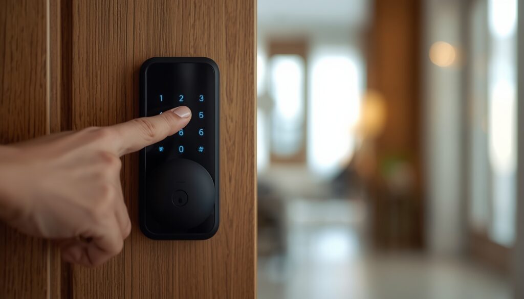 Mão utilizando o leitor de digital biométrico de uma fechadura digital Yale em uma porta de madeira.