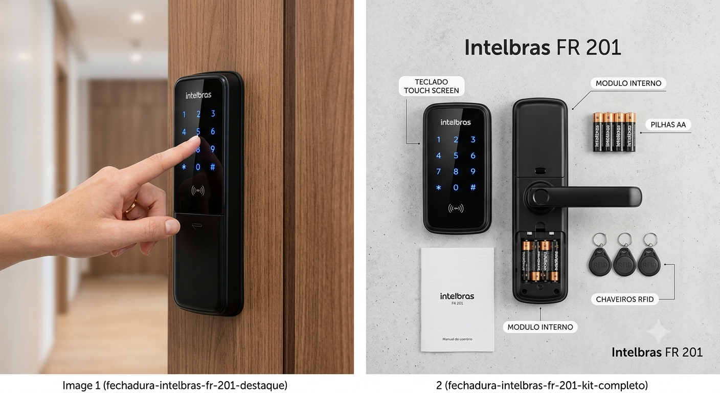 Close na fechadura digital Intelbras FR 201 instalada em porta de madeira, com mão de usuário digitando senha no teclado touch screen iluminado. Ícones gráficos destacam as funções de cadeado automático e sensor de incêndio