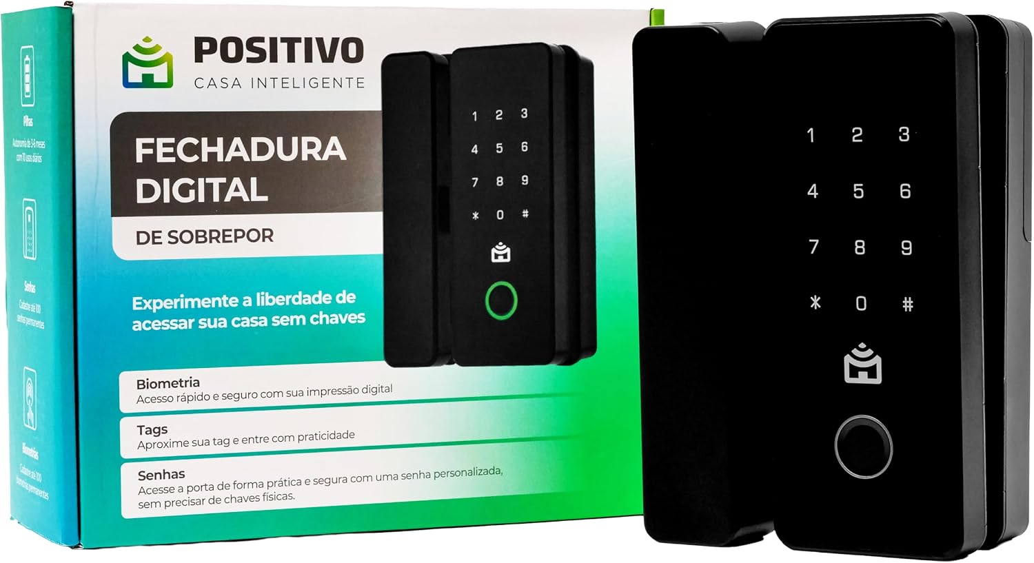Fechadura Digital de Sobrepor Positivo Casa Inteligente com Biometria, Senha e Tag – Com Teclado Touch - Preta
