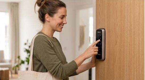 Mulher sorrindo enquanto digita a senha numérica no painel touch screen da fechadura digital Intelbras FD 1000 para entrar em casa.